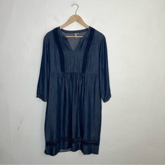 Sahalie Lyocell Chambray Lattice Trim Dress Size Large - Picture 1 of 14